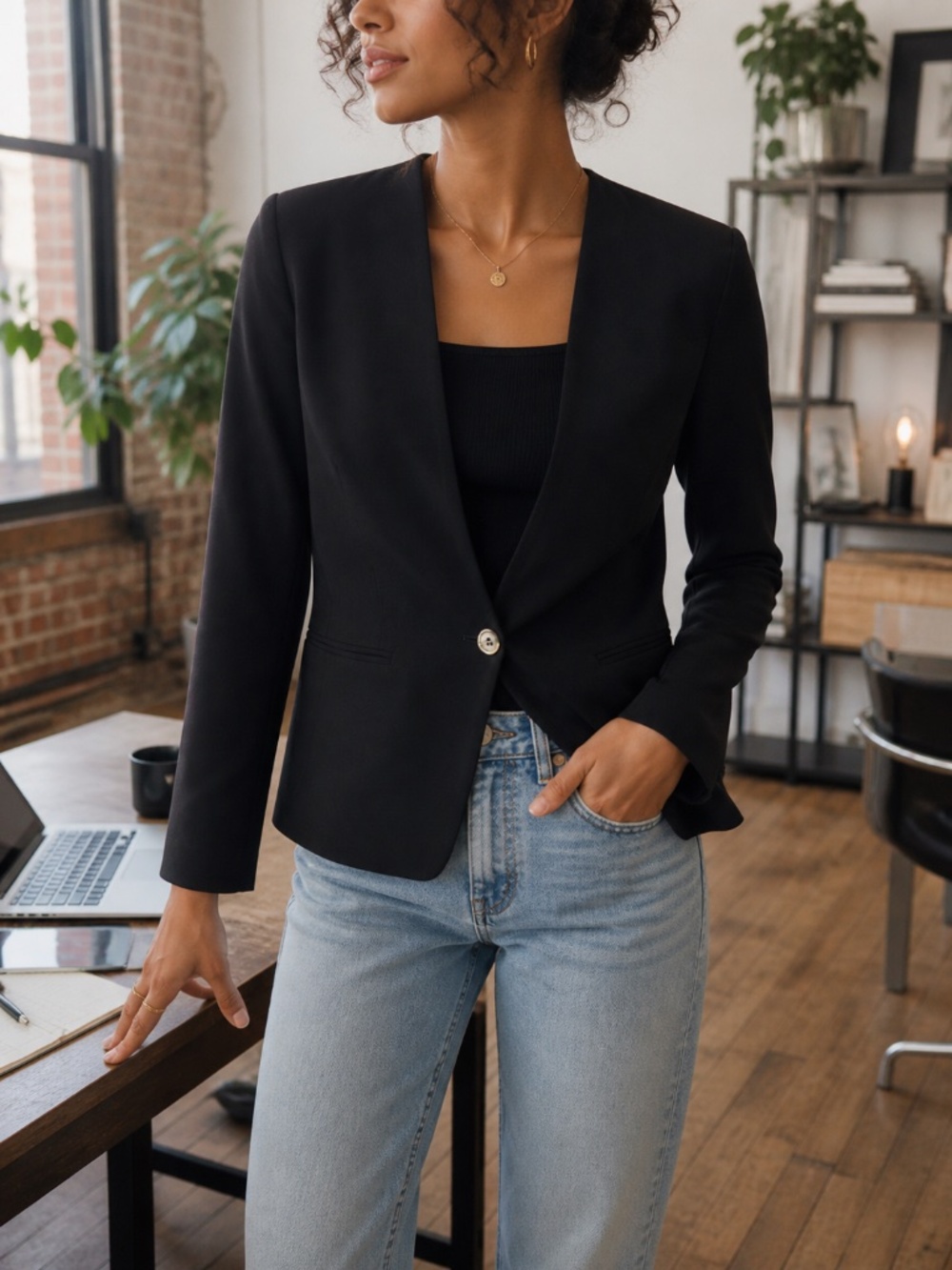 Banana Republic Black Collarless One-Button Blazer